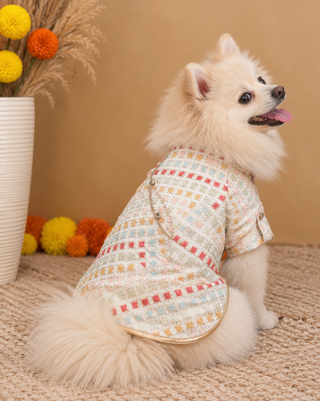 Indian Spitz in the Satrangi dog kurta, turned to show the back and the fit