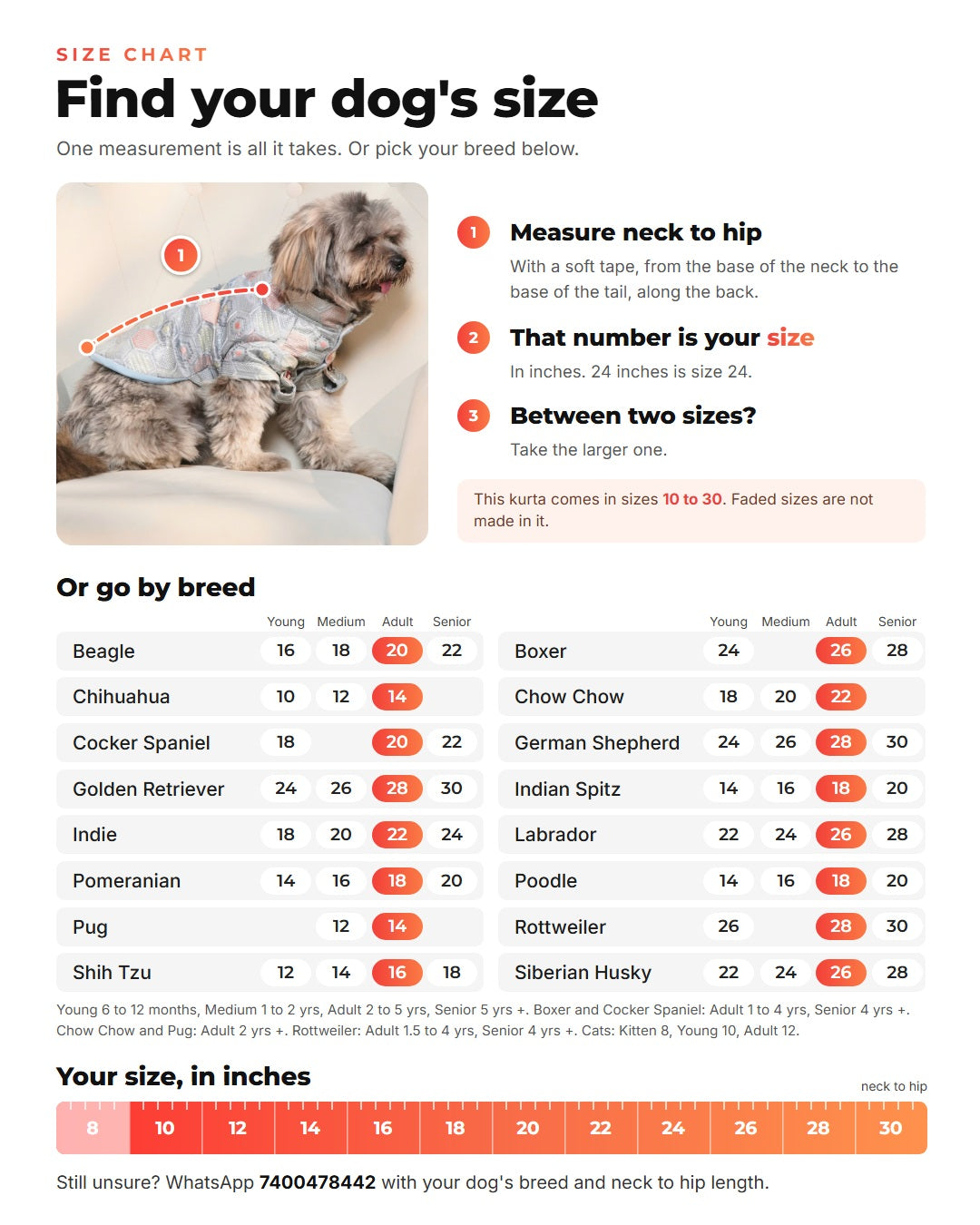 Size chart: measure your dog from the base of the neck to the base of the tail in inches, that number is the size, with sizes by breed and age