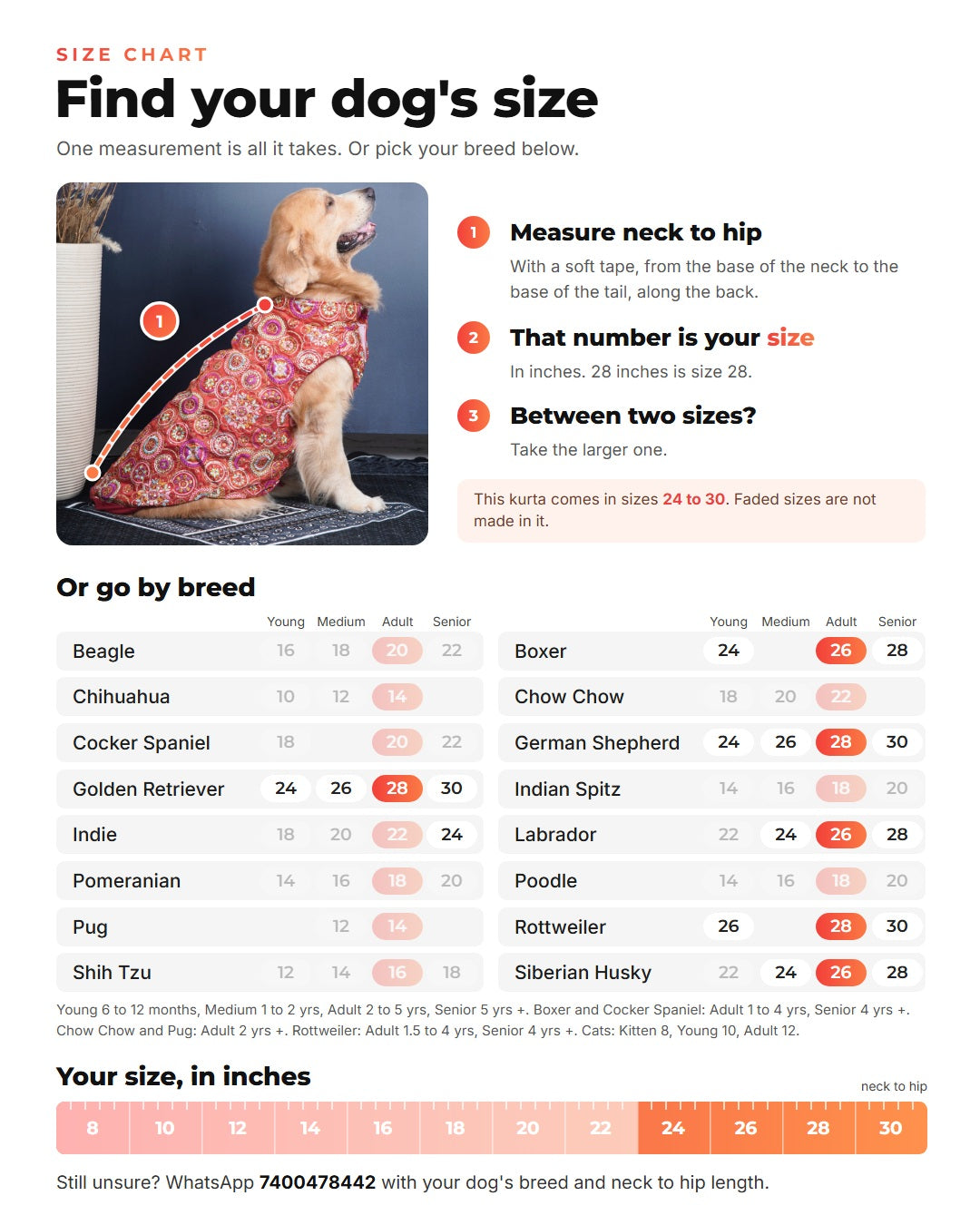 Size chart: measure your dog from the base of the neck to the base of the tail in inches, that number is the size, with sizes by breed and age
