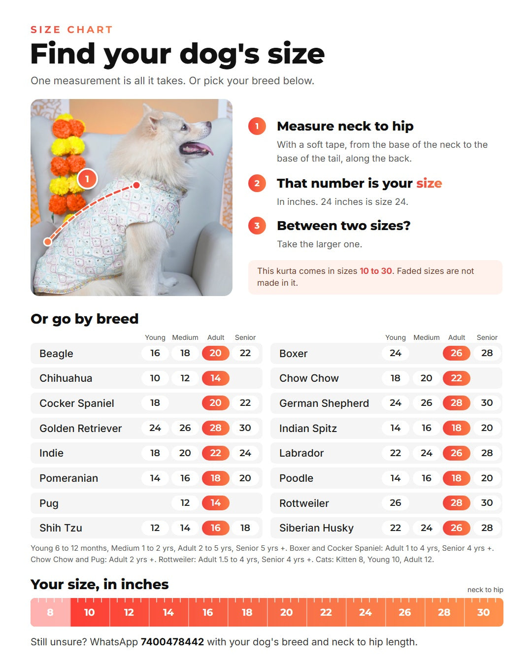 Size chart: measure your dog from the base of the neck to the base of the tail in inches, that number is the size, with sizes by breed and age