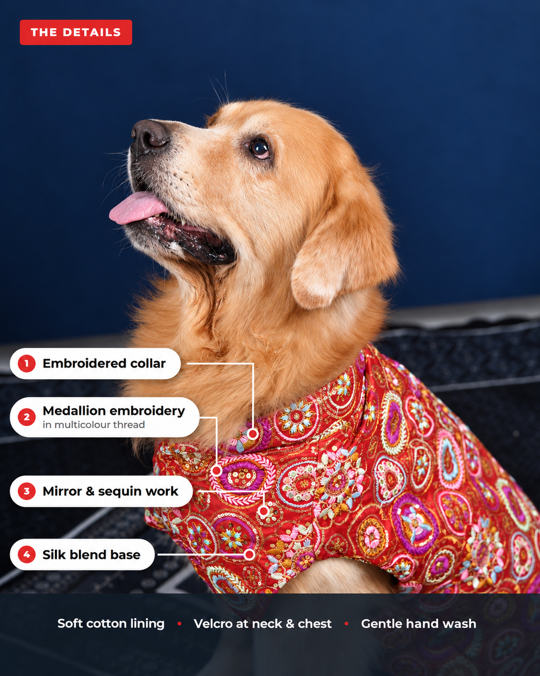 Close up of the Royal Embroidered dog kurta, labelled: embroidered collar, medallion embroidery in multicolour thread, mirror and sequin work, silk blend base
