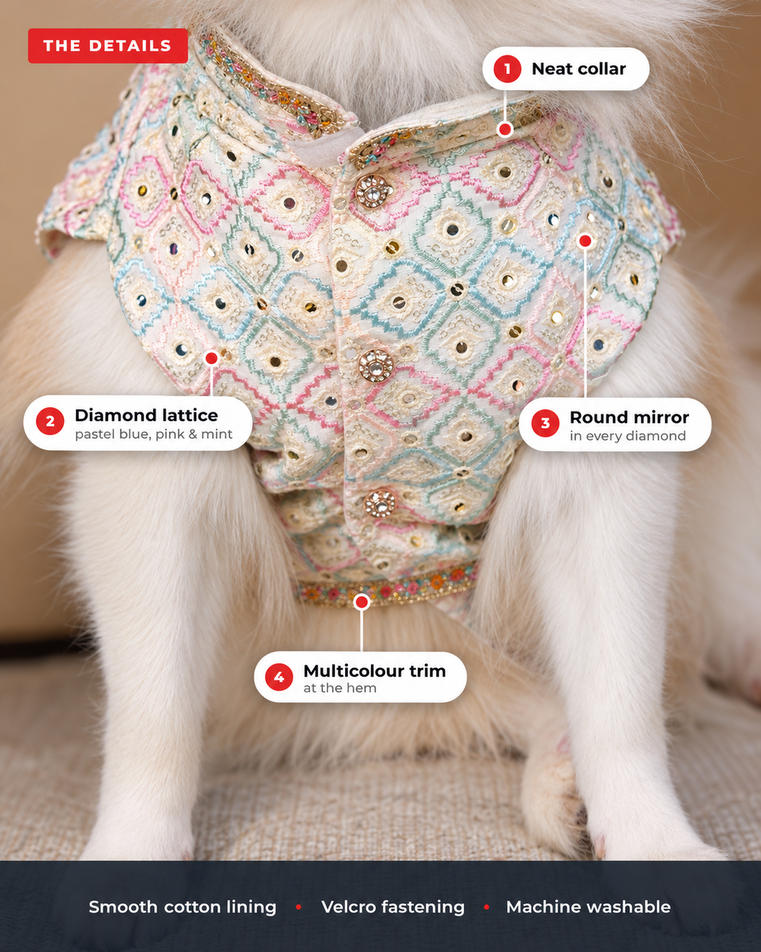 Close up of the Mishri Sheesha dog kurta, labelled: neat collar, pastel diamond lattice in blue, pink and mint, round mirror in every diamond, multicolour trim at the hem