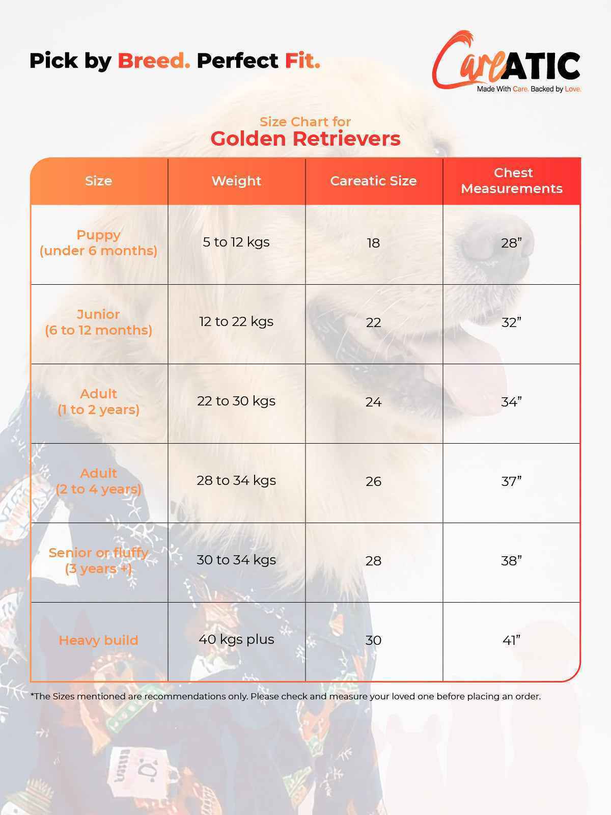 Golden Retriever Size Chart - Careatic Dog Clothing