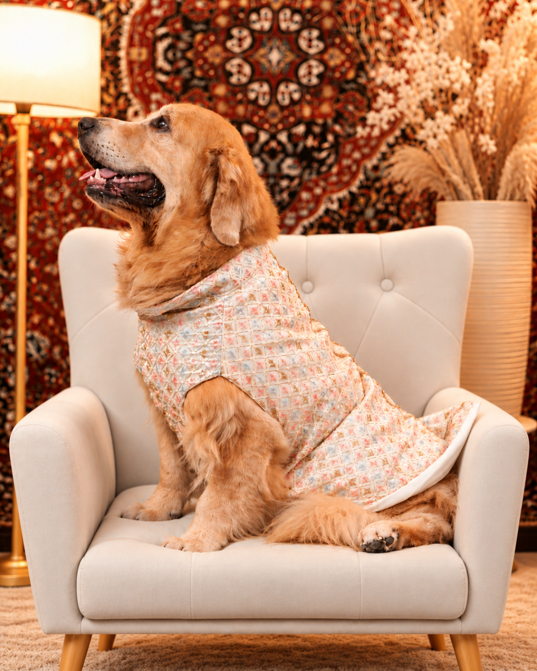 Side view of a golden retriever on a cream armchair wearing the Intricate Pastel Embroidery dog kurta, showing the fit along the back