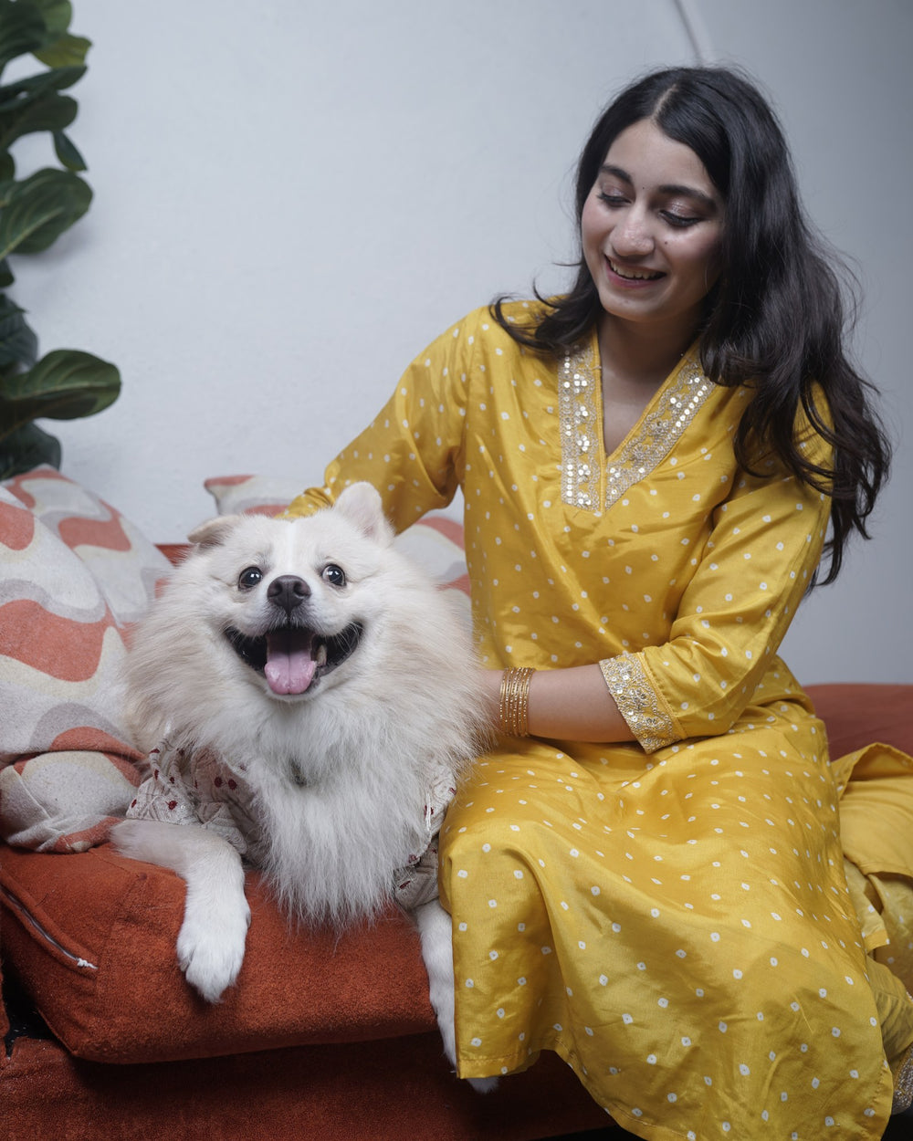 Laal Bindi dog kurta on an Indian Spitz