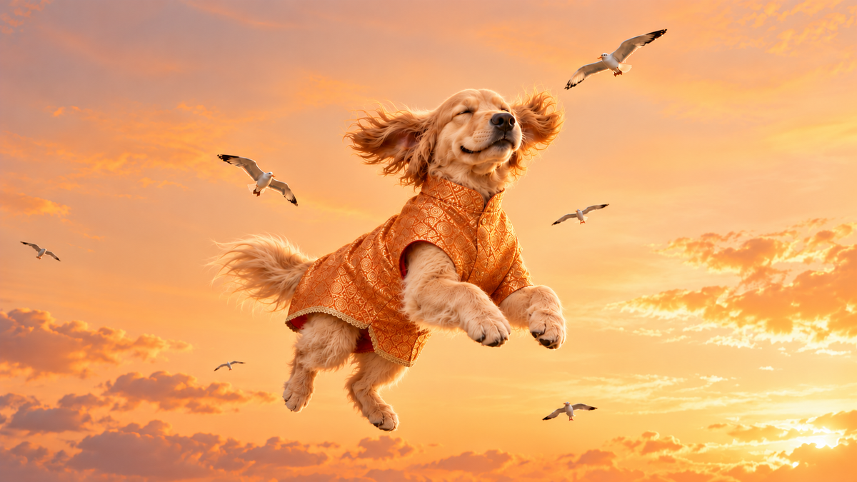 Golden Retriever in a festive orange kurta leaping through a sunset sky