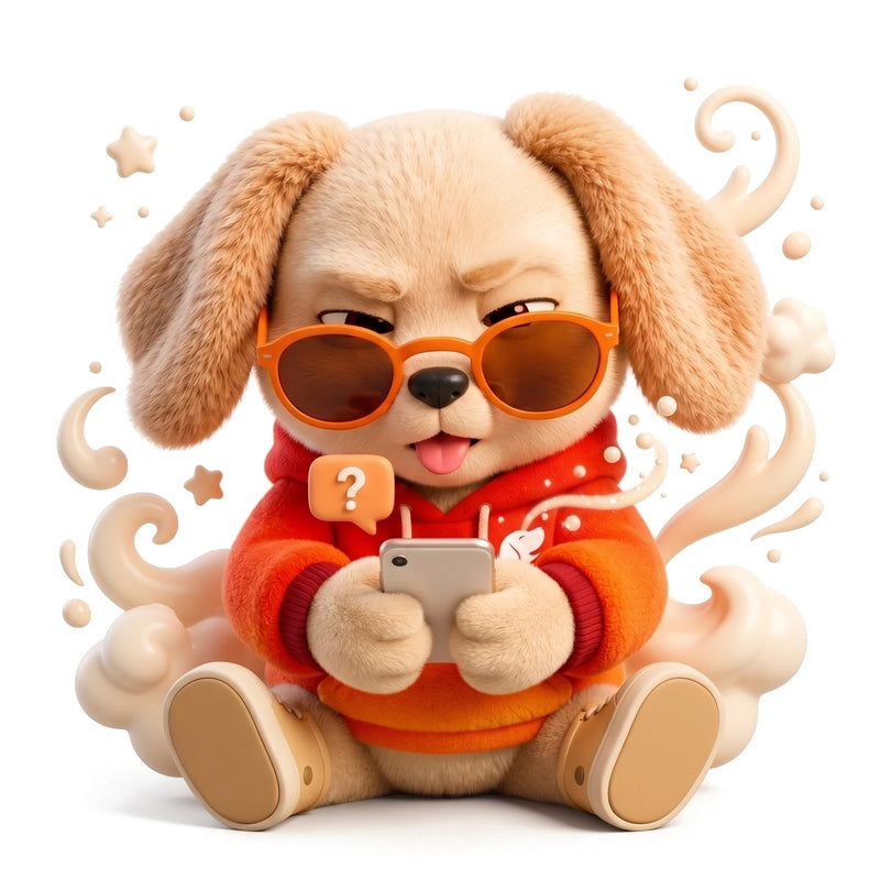 Polie, the Careatic puppy, squinting at a phone he can't type on