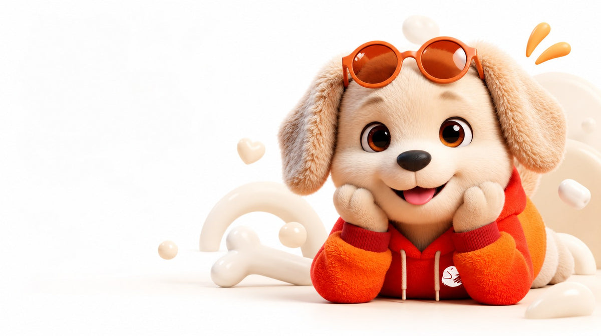 Polie, the Careatic puppy, resting his chin on his paws in an orange hoodie and sunglasses, with toy bones around him