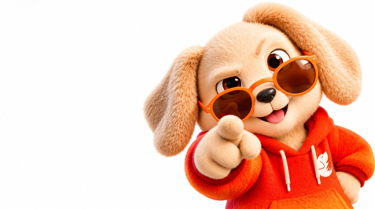 Polie, the Careatic puppy, in orange sunglasses and an orange hoodie, pointing at you