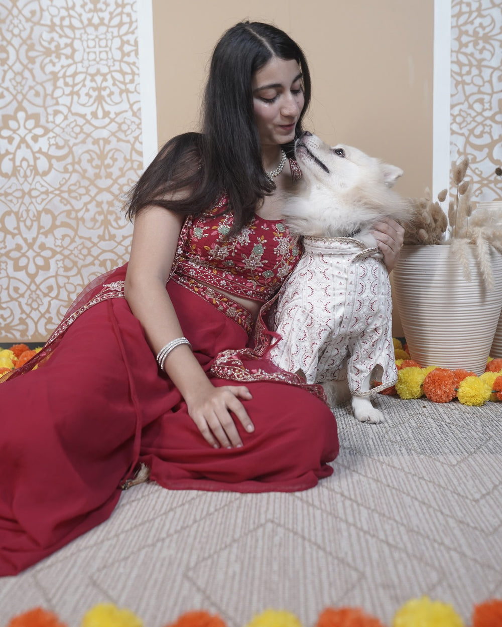 Laal Mehrab dog kurta on an Indian Spitz