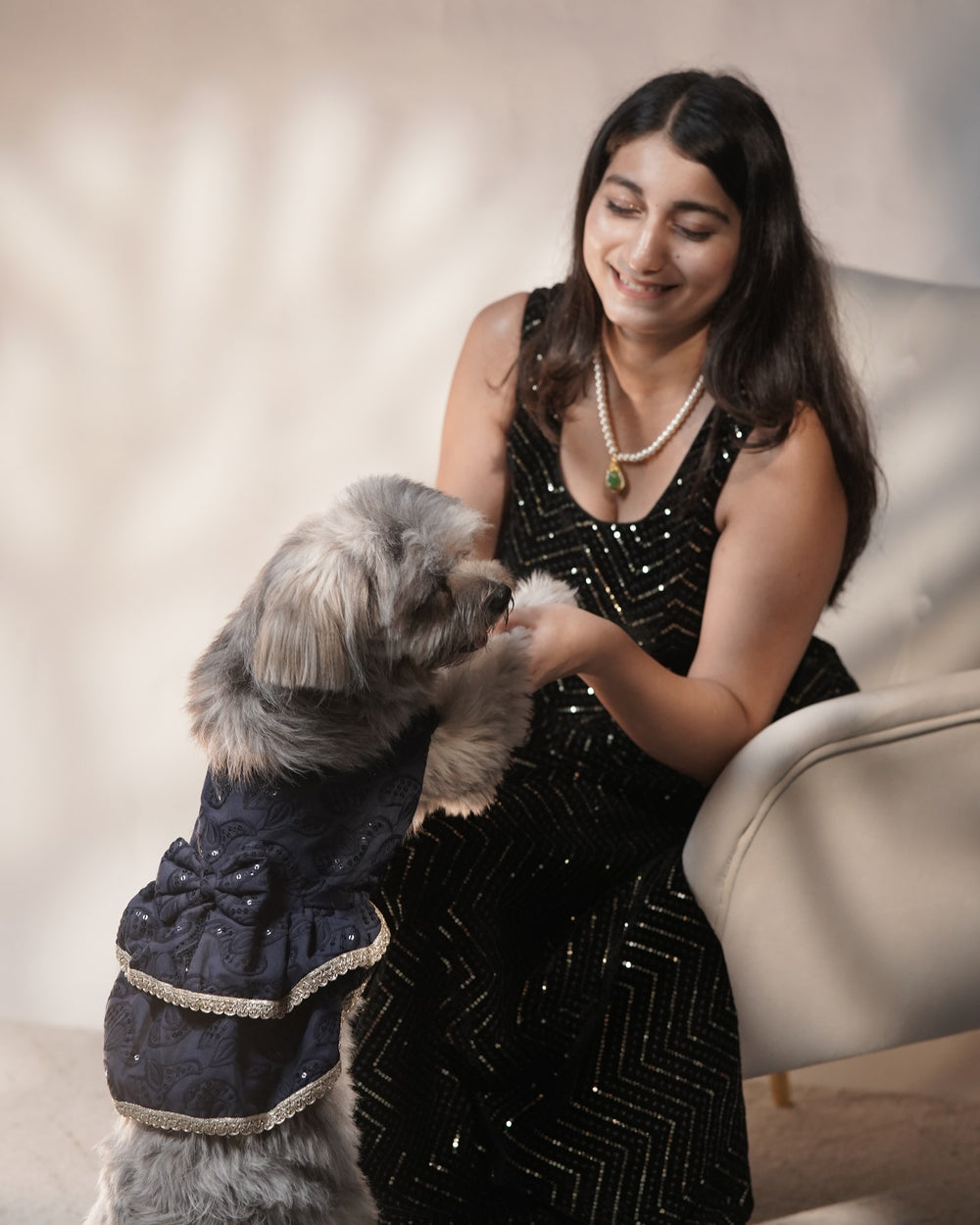 Midnight Ghera dog lehenga on a Shih Tzu