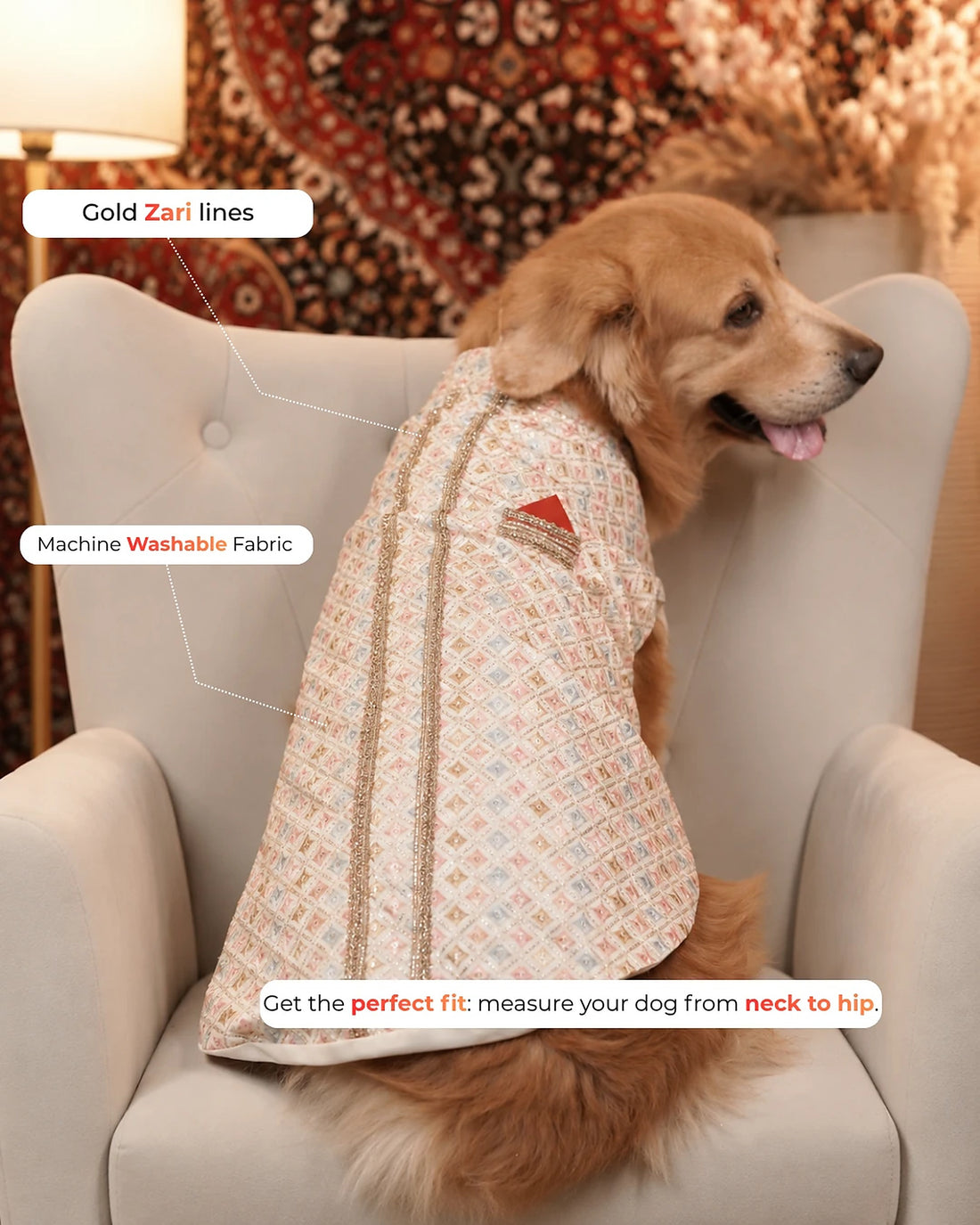 Back view of the Intricate Pastel Embroidery dog kurta, labelled: gold zari lines, machine washable fabric, and measure your dog from neck to hip for the perfect fit