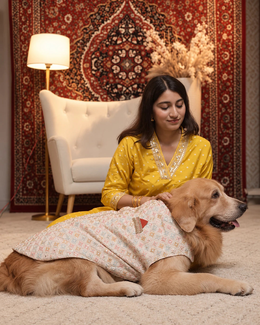 Woman in a yellow kurta sitting with a golden retriever wearing the Intricate Pastel Embroidery dog kurta