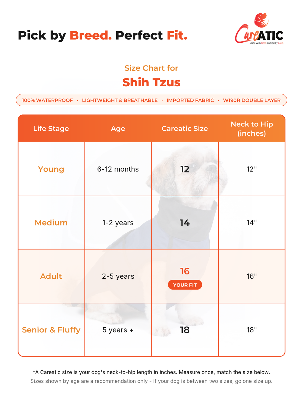 Careatic dog apparel size chart for Shih Tzu — neck, chest and back-length measurements
