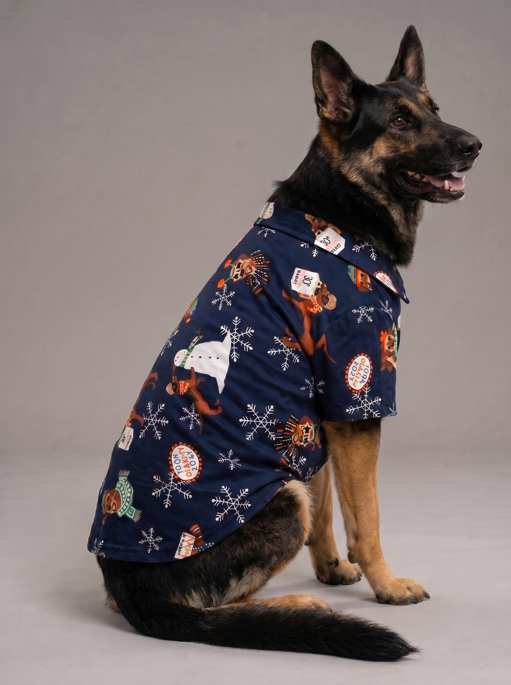 German Shepherd wearing the Careatic Snowie Navy dog shirt