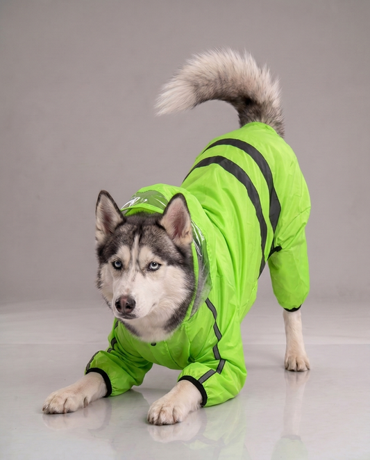 Siberian Husky wearing the Careatic NeonShield Pro waterproof dog raincoat