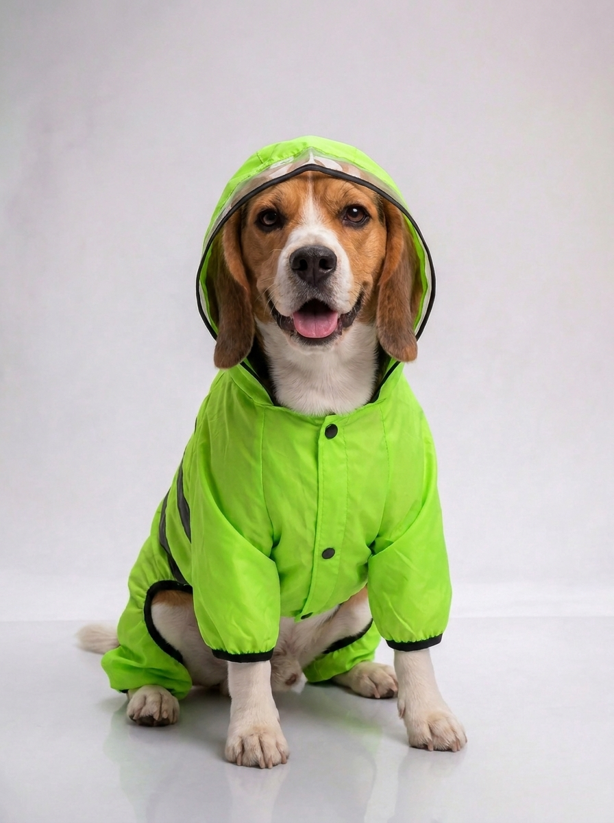 Beagle wearing the Careatic NeonShield Pro waterproof dog raincoat - front view