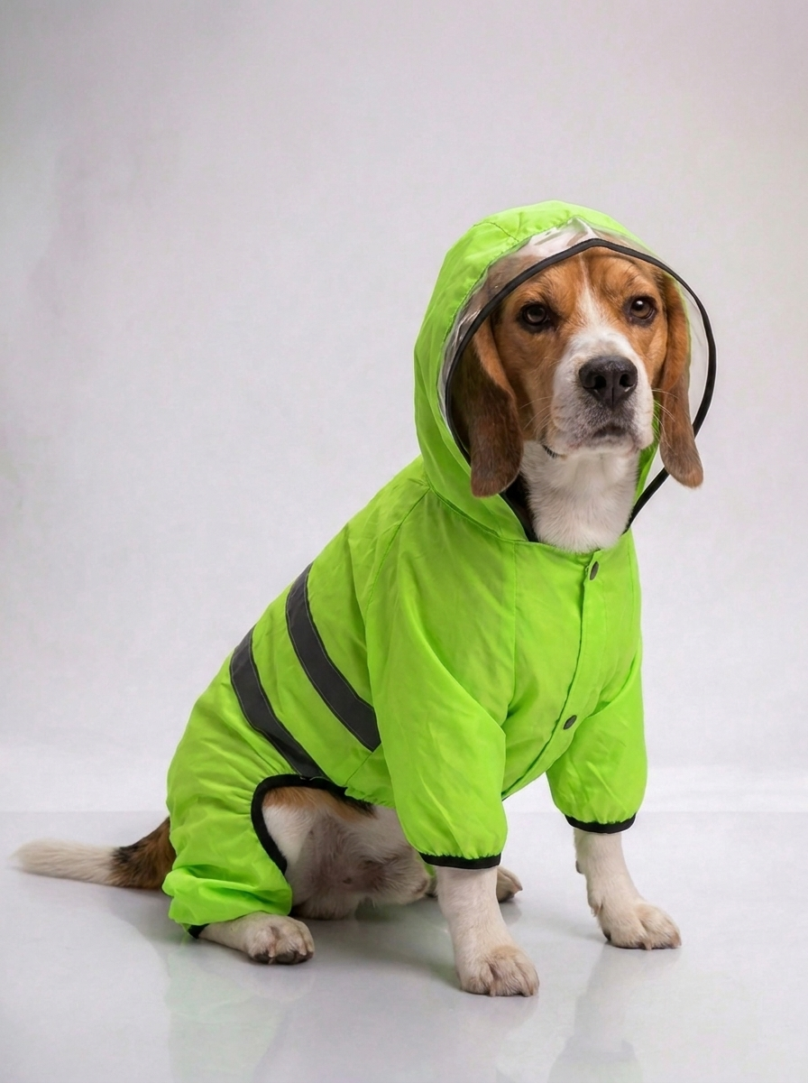Beagle wearing the Careatic NeonShield Pro waterproof dog raincoat - side view
