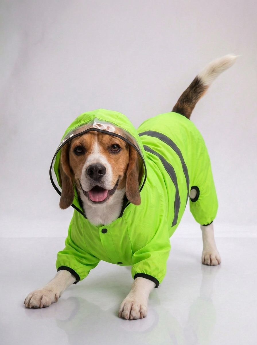 Beagle wearing the Careatic NeonShield Pro waterproof dog raincoat - play bow