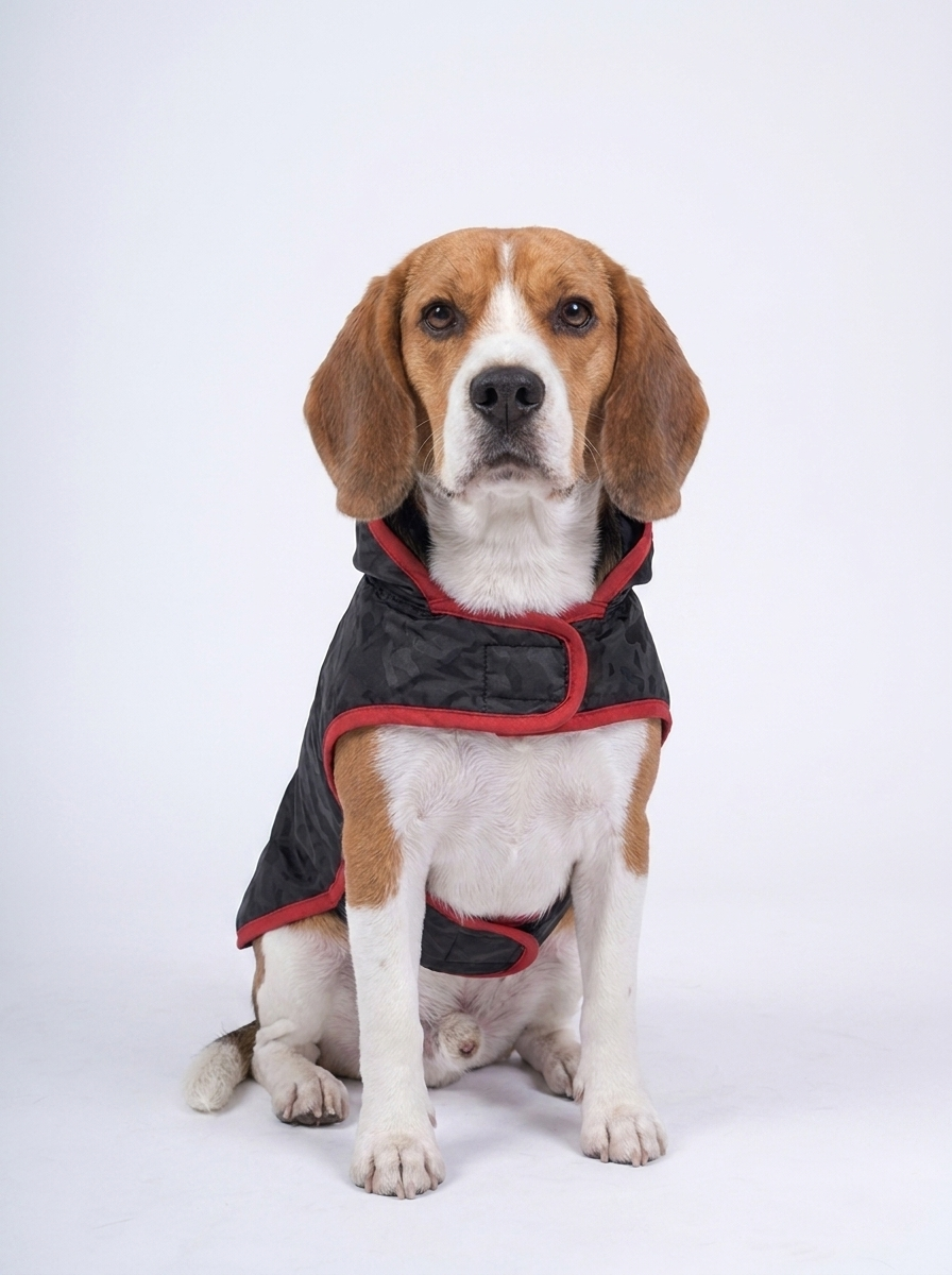 Beagle wearing the Careatic Black Army waterproof dog raincoat - front view
